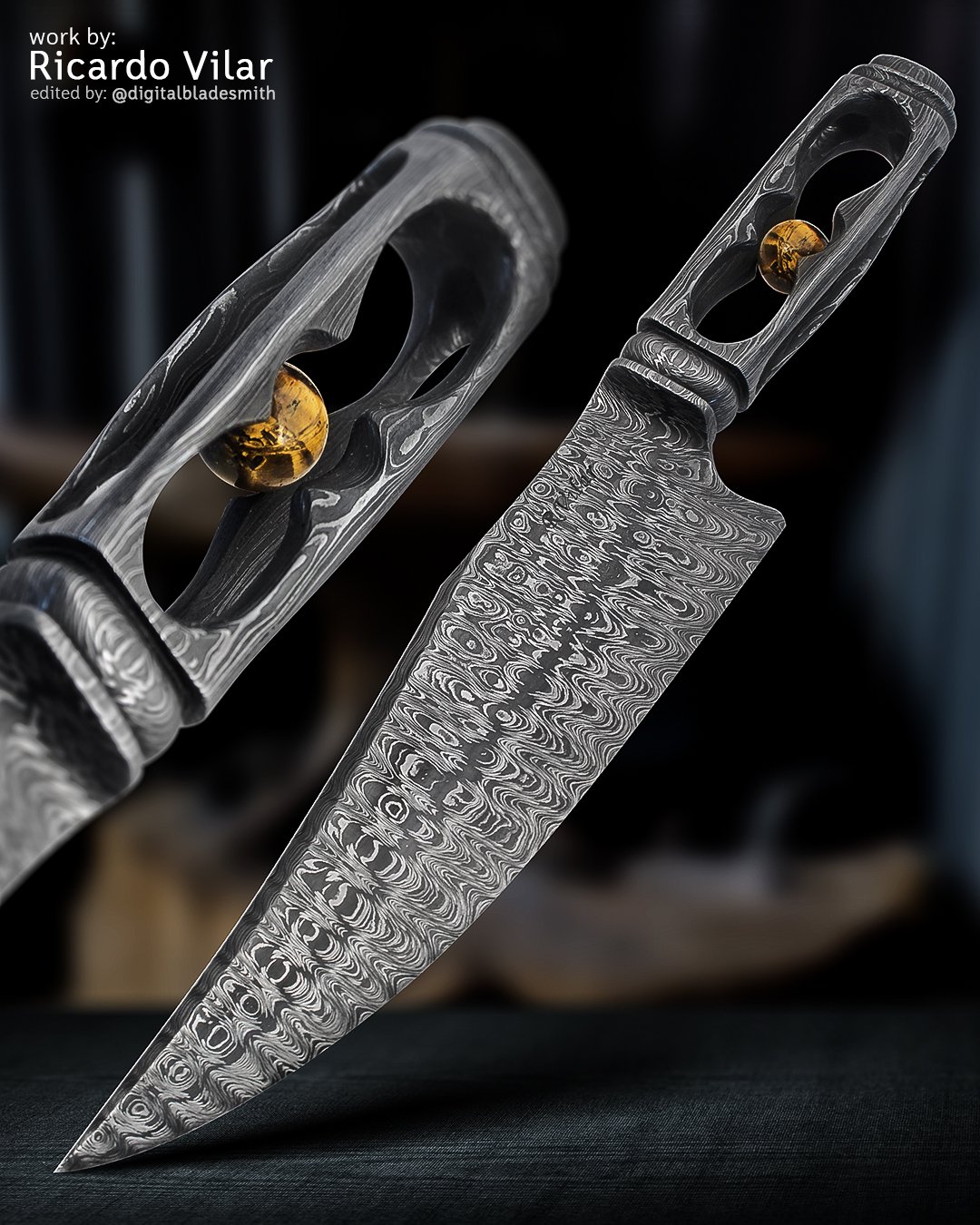Artistic Damascus Integral Hollow Handle Tiger Eye